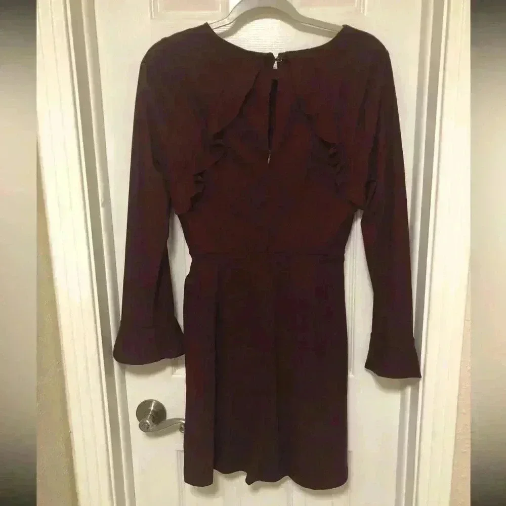 Deep Burgundy Ruffled Bell Sleeve Sheath Dress